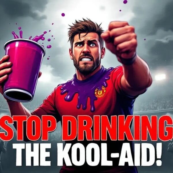 In an illustration, a supporter of MUFC in a red shirt energetically holds up a large purple cup, surrounded by a cheering stadium crowd. Text reads "Stop Drinking the Kool-Aid!" with the VDG Sports logo in the upper left corner.