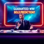 A male sports commentator in a suit gestures energetically at a desk covered in papers. Behind him, bright screens display “GUARANTEED WIN! BOLD PREDICTION!!” The lively sports media studio is filled with colorful lights and show branding.