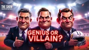 Three animated men in suits stand in a bright stadium. One holds a microphone, the center man smiles, and the third has devil horns and holds a football helmet. Bold red text reads “GENIUS OR VILLAIN?” The upper corner says “THE SHOW PRESENTED BY VBS SPORTS.”.