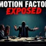 A hooded figure stands with arms raised at a table, surrounded by three shocked people. Large text reads “EMOTION FACTORY EXPOSED.” Multiple TV screens display “Breaking News.” The scene is dark and dramatic, conveying a sense of urgency and revelation.