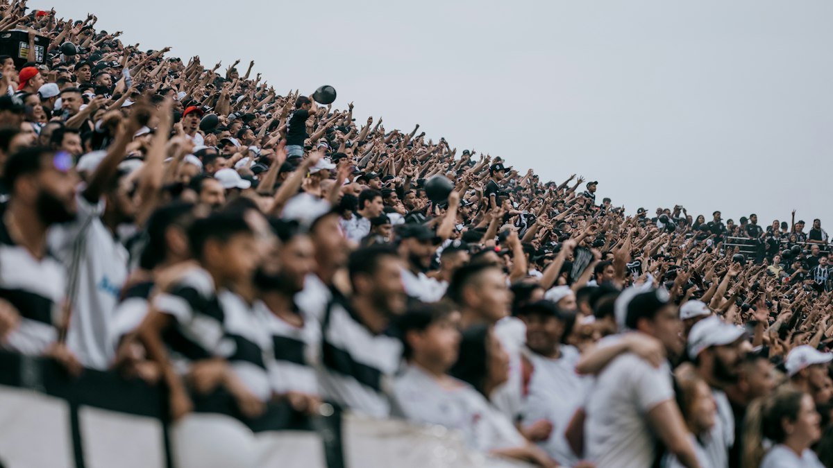 Crowd of supporters in black-and-white striped shirts packed into a stadium stand with arms raised